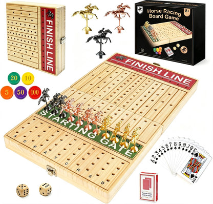 Foldable Horse Race Board Game,Large Horse Racing Game for Family Parties,Solid Wood,Foldable Design and Foam Protection,11 Luxury Metal Horses, 60 Pcs Poker Chips, 2 Dice, 1 Pack of Cards