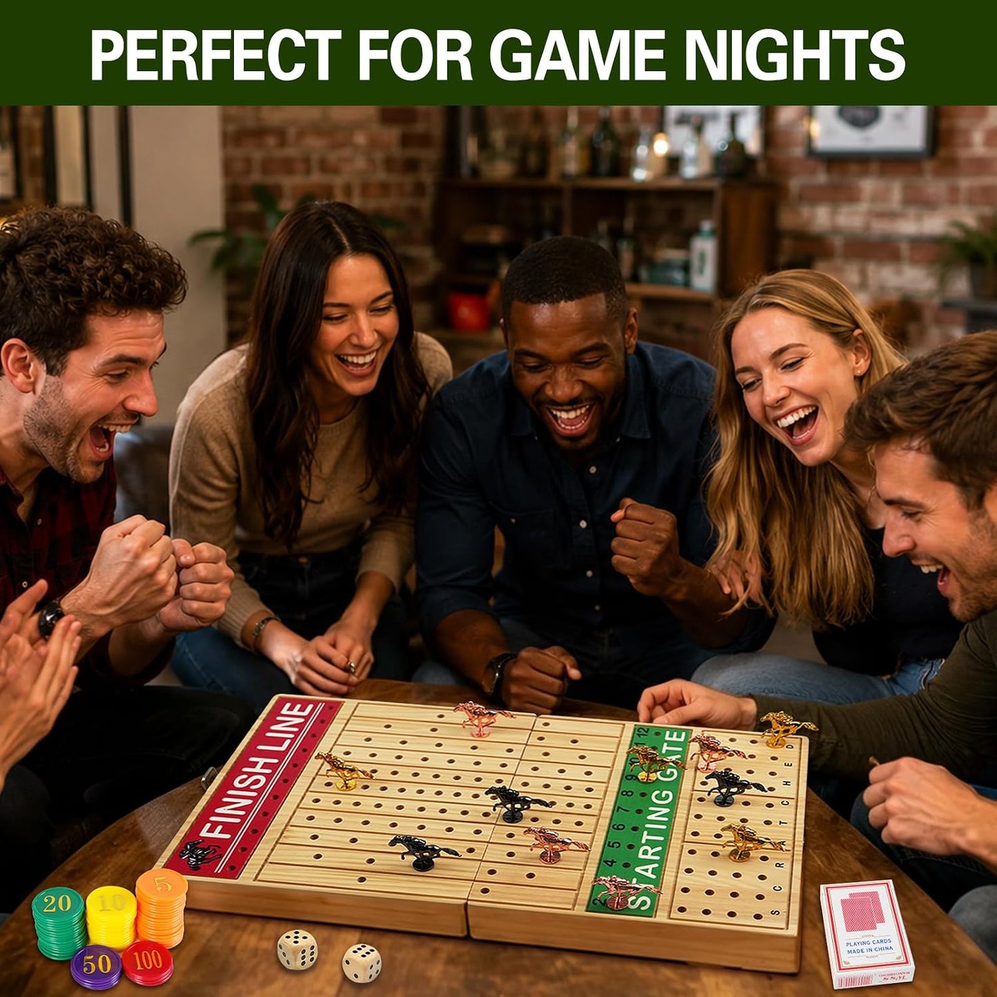 Foldable Horse Race Board Game,Large Horse Racing Game for Family Parties,Solid Wood,Foldable Design and Foam Protection,11 Luxury Metal Horses, 60 Pcs Poker Chips, 2 Dice, 1 Pack of Cards