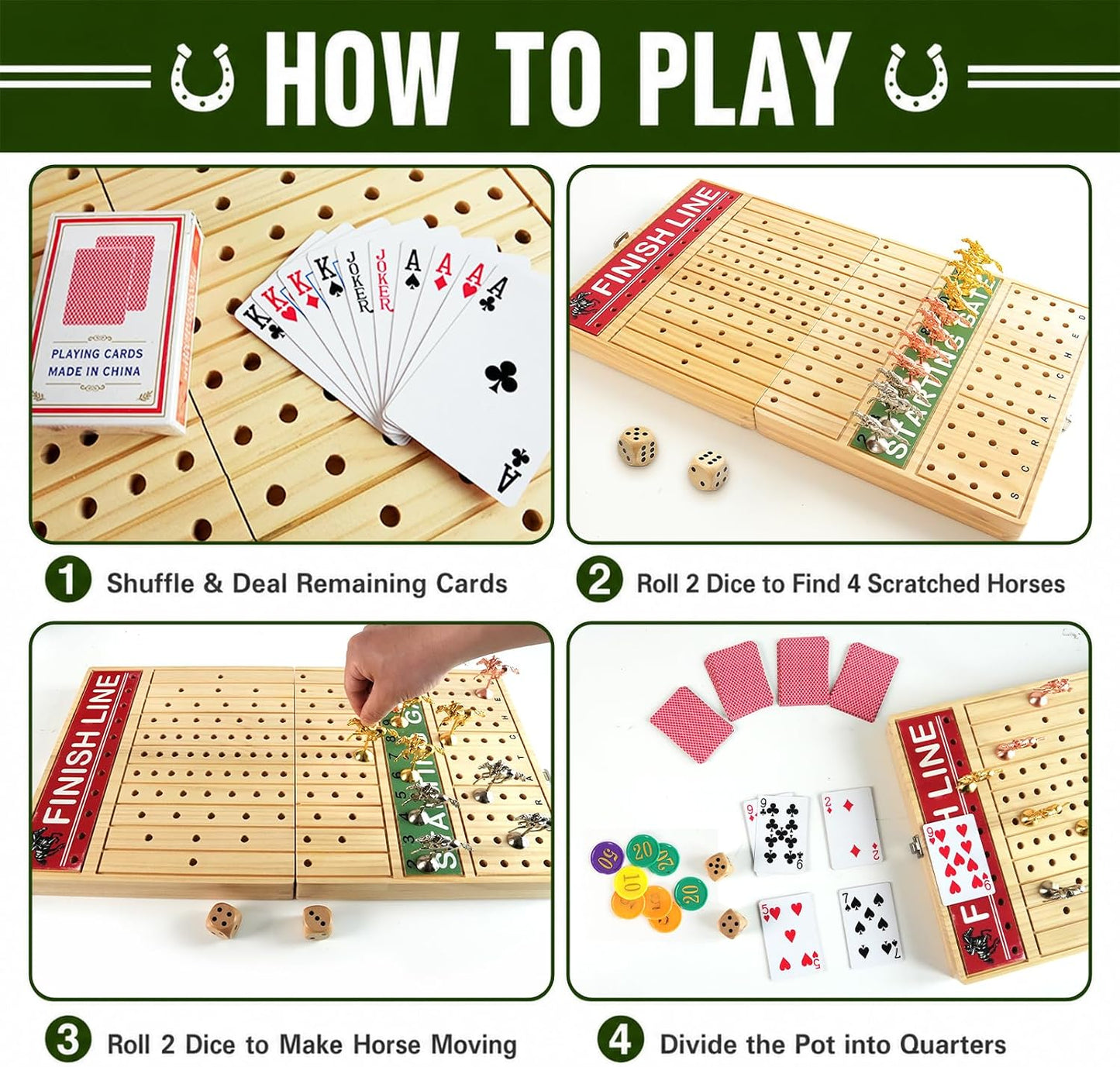 Foldable Horse Race Board Game,Large Horse Racing Game for Family Parties,Solid Wood,Foldable Design and Foam Protection,11 Luxury Metal Horses, 60 Pcs Poker Chips, 2 Dice, 1 Pack of Cards