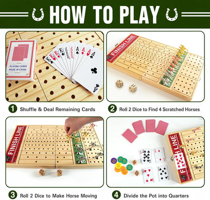 Foldable Horse Race Board Game,Large Horse Racing Game for Family Parties,Solid Wood,Foldable Design and Foam Protection,11 Luxury Metal Horses, 60 Pcs Poker Chips, 2 Dice, 1 Pack of Cards