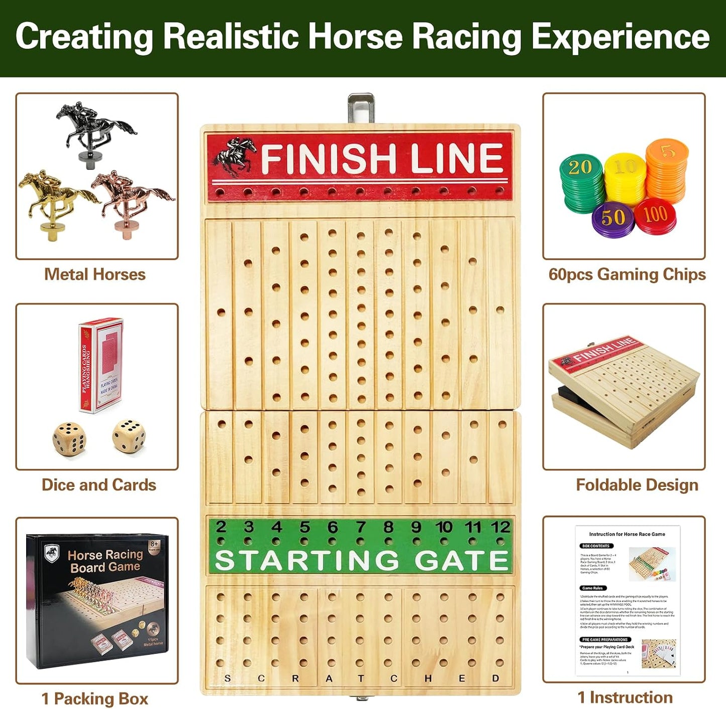 Foldable Horse Race Board Game,Large Horse Racing Game for Family Parties,Solid Wood,Foldable Design and Foam Protection,11 Luxury Metal Horses, 60 Pcs Poker Chips, 2 Dice, 1 Pack of Cards