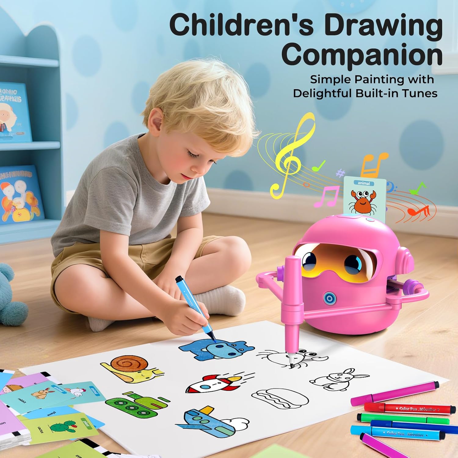 Drawing Robot for Kids with 100 Cards, Montessori Painting Learning Toys for 3 4 5 6 7 8 Year Old Boys Girls,Voice Interactive Early Learning Educational Drawing Toy Gift for Birthday Party
