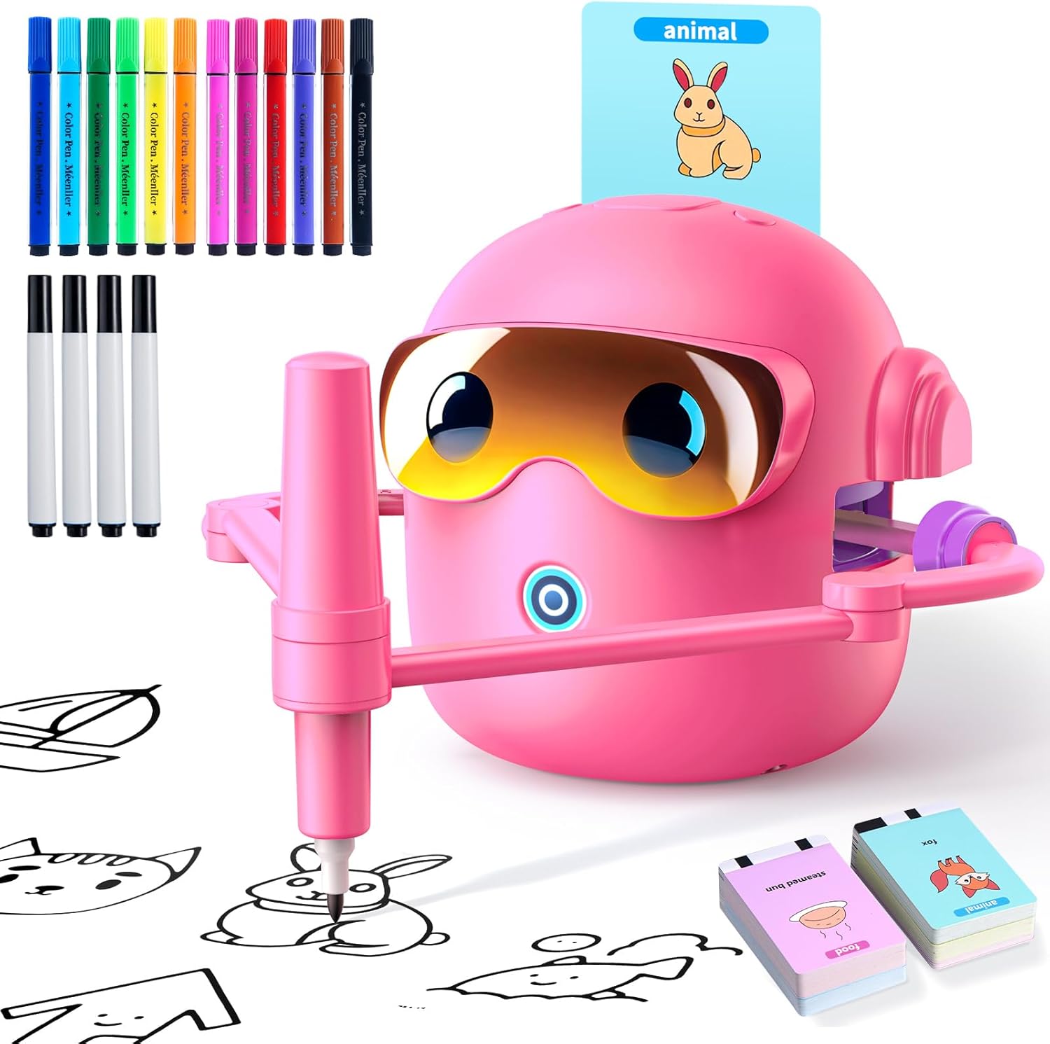 Drawing Robot for Kids with 100 Cards, Montessori Painting Learning Toys for 3 4 5 6 7 8 Year Old Boys Girls,Voice Interactive Early Learning Educational Drawing Toy Gift for Birthday Party