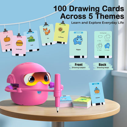Drawing Robot for Kids with 100 Cards, Montessori Painting Learning Toys for 3 4 5 6 7 8 Year Old Boys Girls,Voice Interactive Early Learning Educational Drawing Toy Gift for Birthday Party